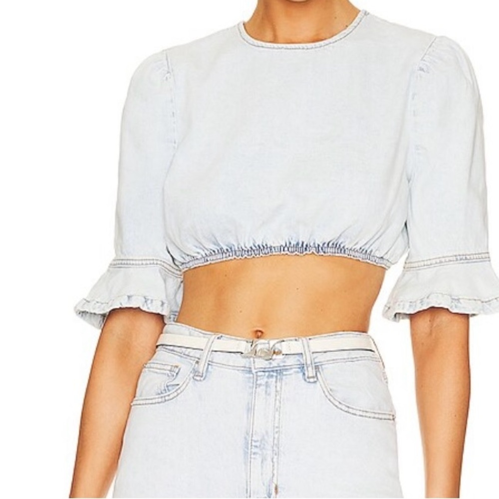 Cropped Denim Top in Super Light WEWOREWHAT with Ruffle Sleeves Sz L NWT